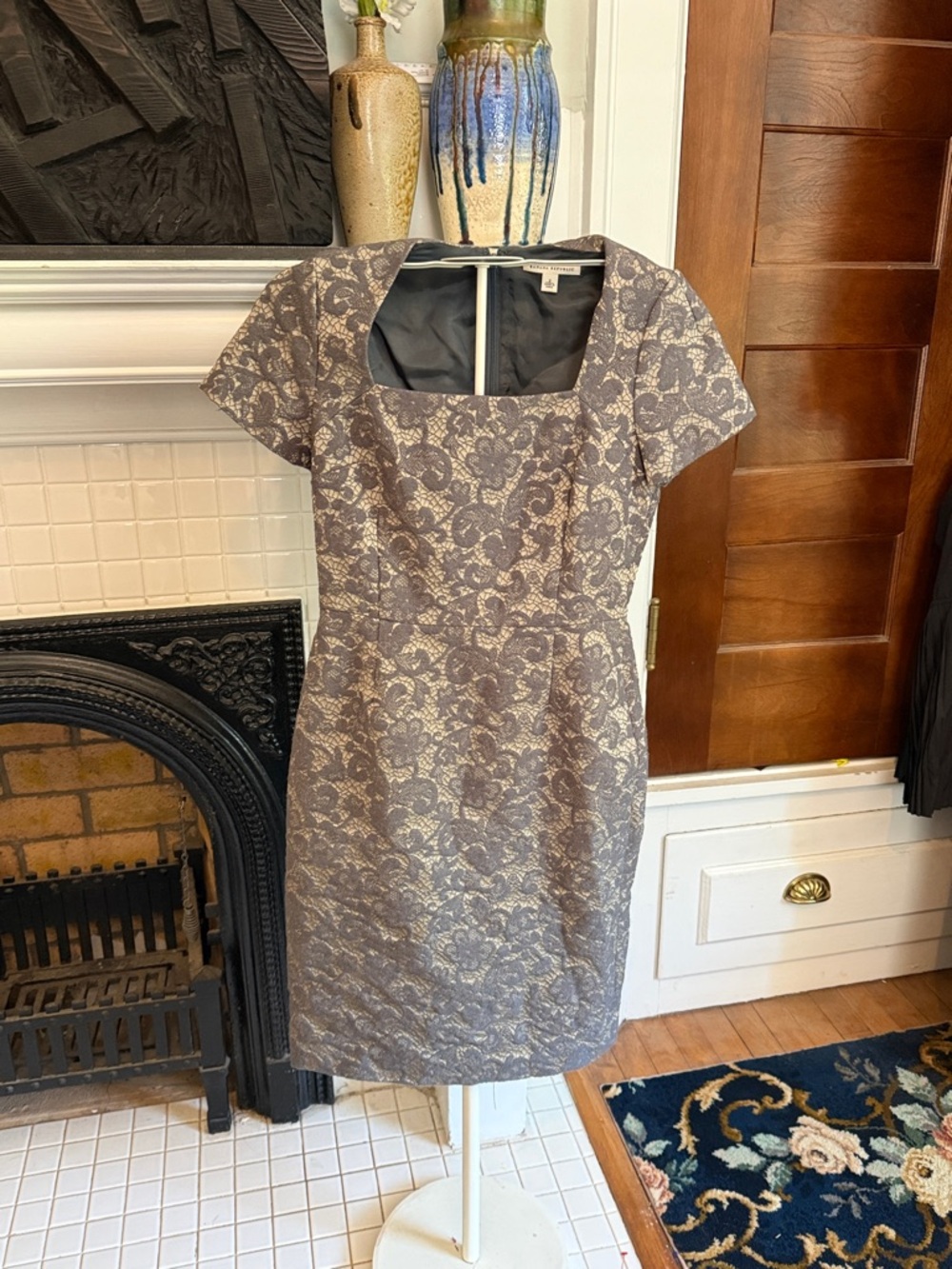 Banana Republic Gray Lace Square-Neck Midi Dress